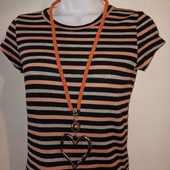 Suzie Blue Long Orange Beaded Necklace With Large Metal Heart (2.5"x3") - Picture 2 of 11